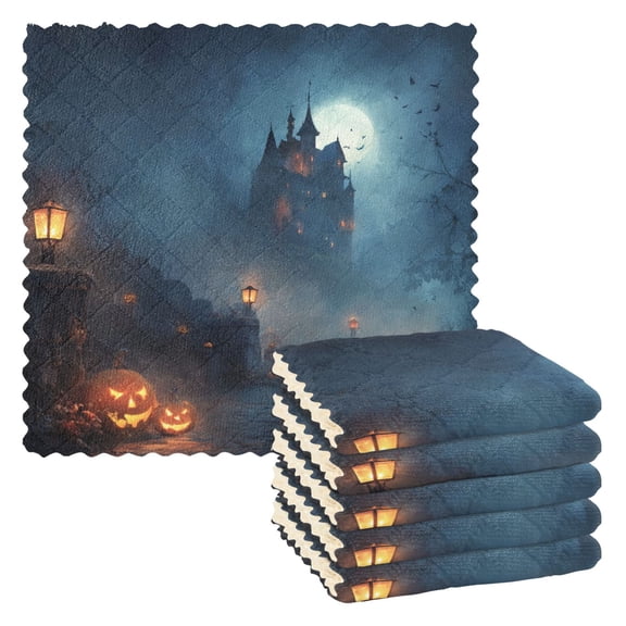 6 Pieces of Kitchen Towels 11x11Inch Kitchen Dish Cloths Kitchen Dish Towels Reuseable Cleaning Cloths Halloween Horror Castle