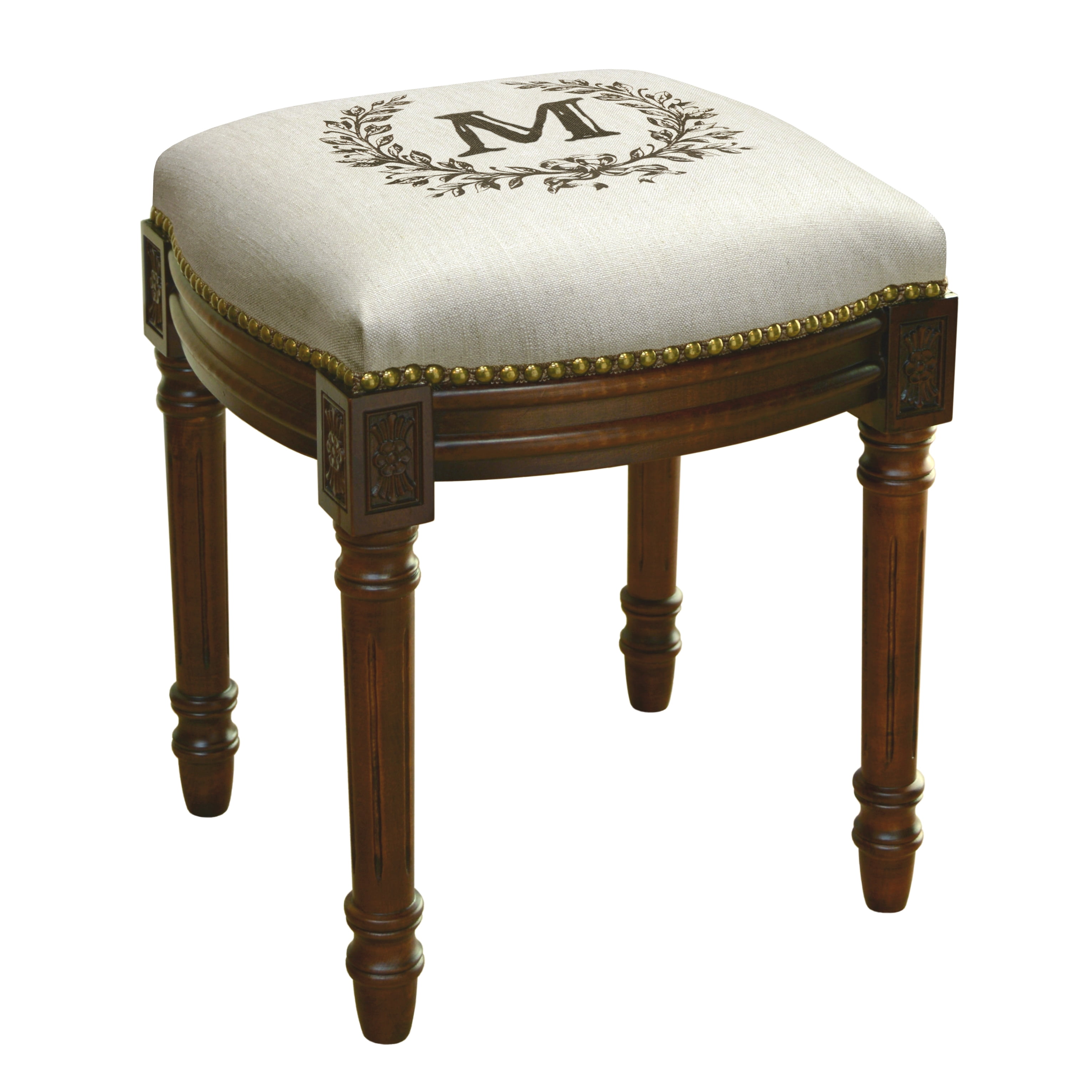 123 Creations Monogram Victorian Traditional Chestnut Foam/Linen/Wood Vanity Stool - Walmart.com ...