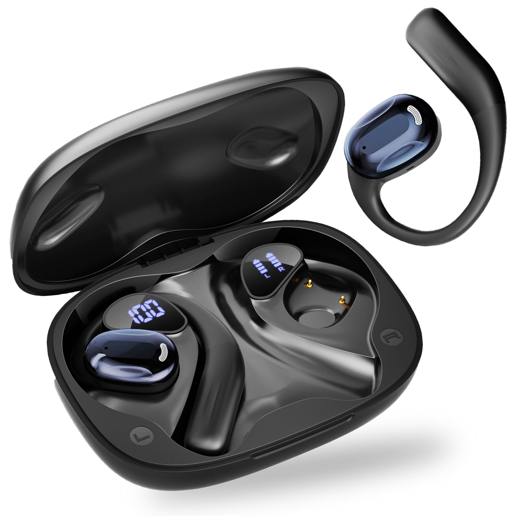 Open Ear Earbuds, Bluetooth 5.4 Wireless Earbuds with Earhooks, 70Hrs Playtime Bluetooth Earphones with LED Display Charging Case, Hifi Stereo Over Earbuds IP7 Waterproof for Sports, Running, Workout