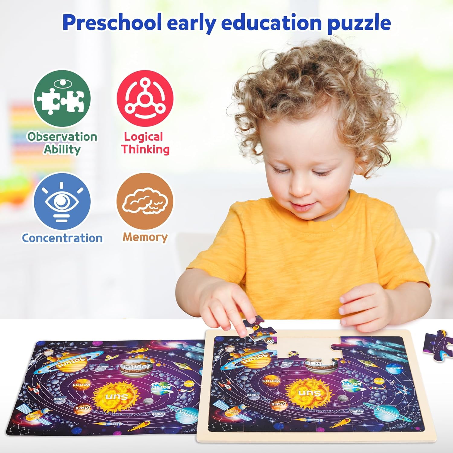 SYNARRY 4-in-1 Wooden Puzzle Set for Kids Age 3-8, Large USA Map, World Map, Earth & Solar System, 24pcs Each, FSC Certified Jigsaw Puzzles