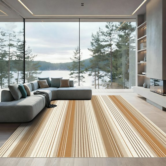 ODIKA 4' x 6' Machine Washable Non-Slip Area Rug, minimalist striped High Traffic Rug, Beige, 1156391