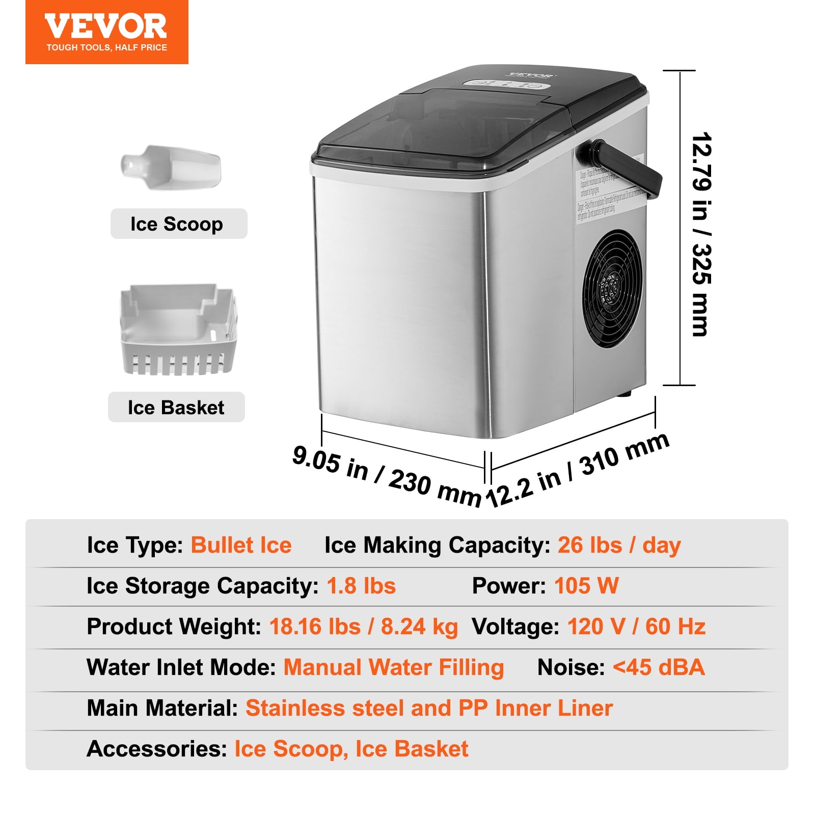 VEVOR Portable Countertop Clear Ice Maker Machine, Stainless Steel 26lbs/24hrs Portable Countertop Bullet Cubed Ice Maker