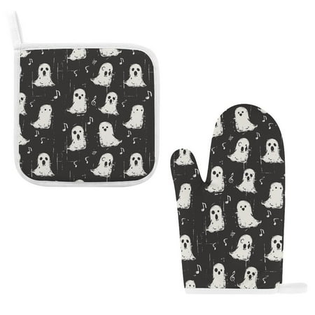 

ZZZHY Cute Musical Playful Ghosts-358 Oven Mitts and Pot Holders Sets Heat Resistant Oven Gloves Cute Kitchen Mitts for Oven 2-Piece Baking Gloves Set for Cooking Grilling Baking