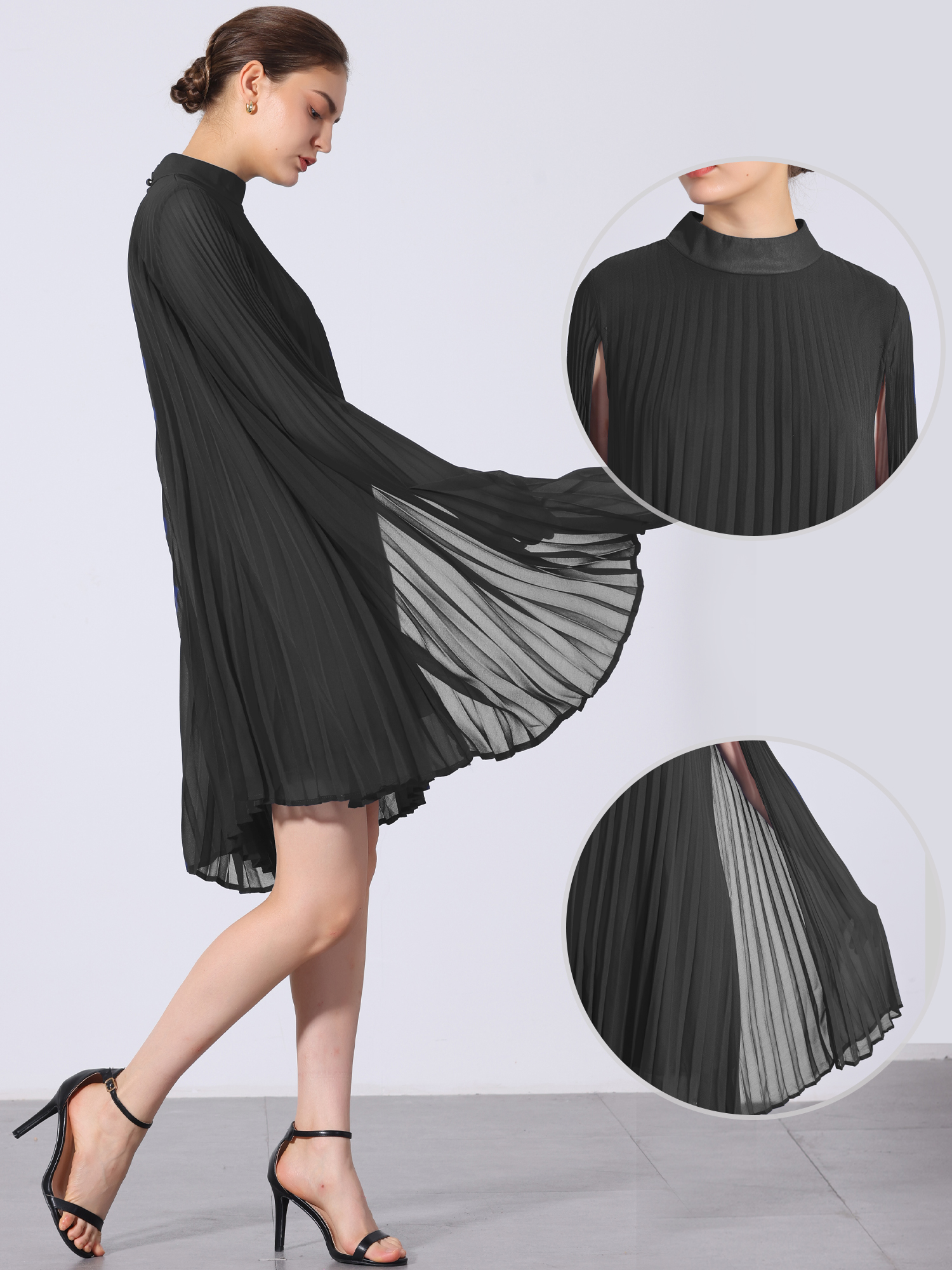 DARING DIVA Flowy Cloak Sleeve Cape Pleated Chiffon Dress XL Black