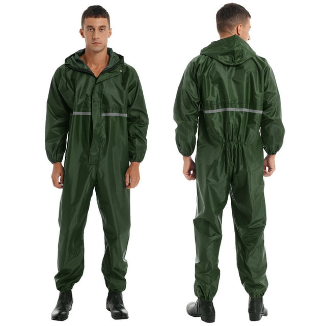 TiaoBug Combinaison Imperméable à Capuche pour Homme une Pièce, Combinaison de Pluie Réfléchissante, Salopette à Fermeture Éclair, Vert Foncé m