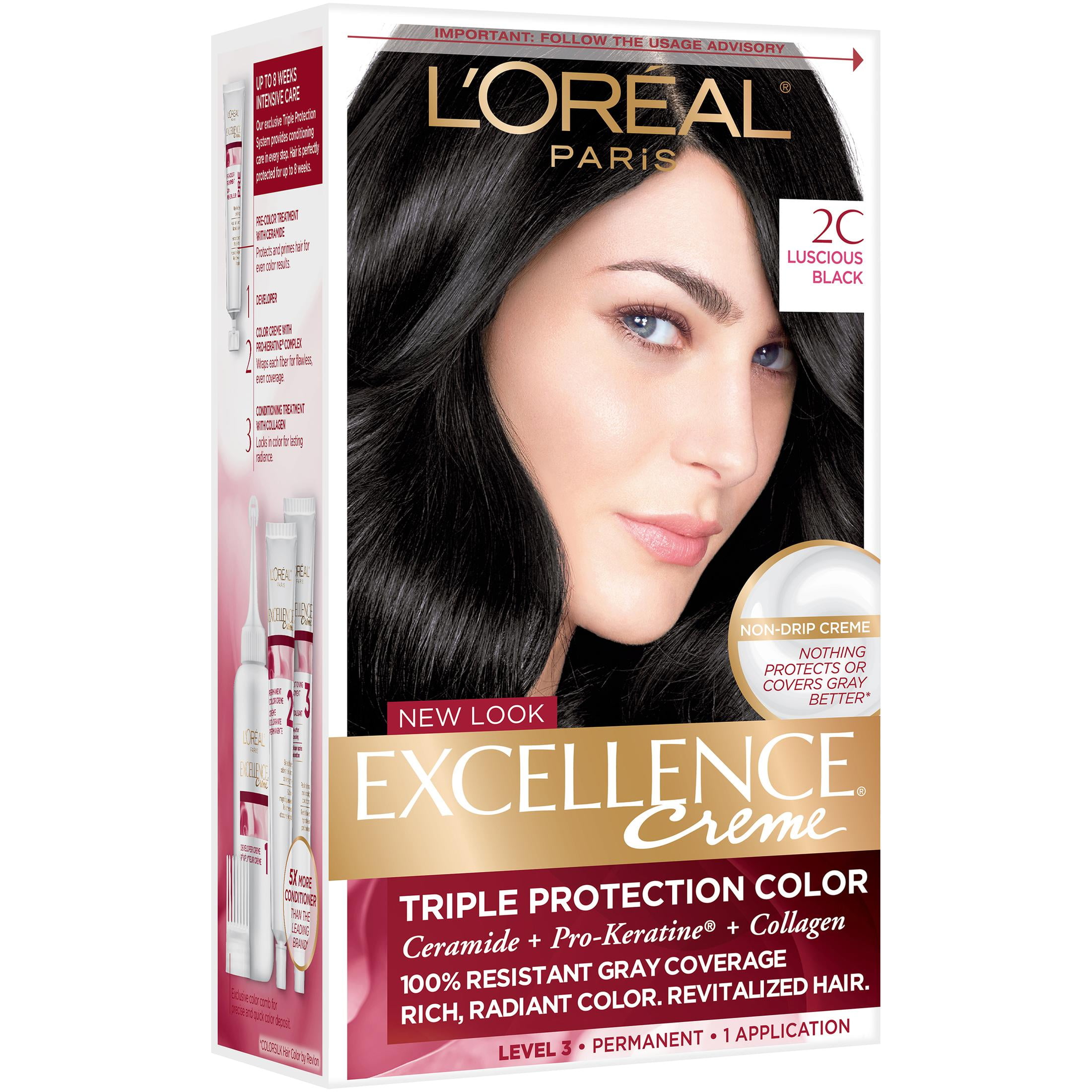 L'Oreal Paris Excellence Creme Permanent Hair Color Kit, 2C Luscious Black