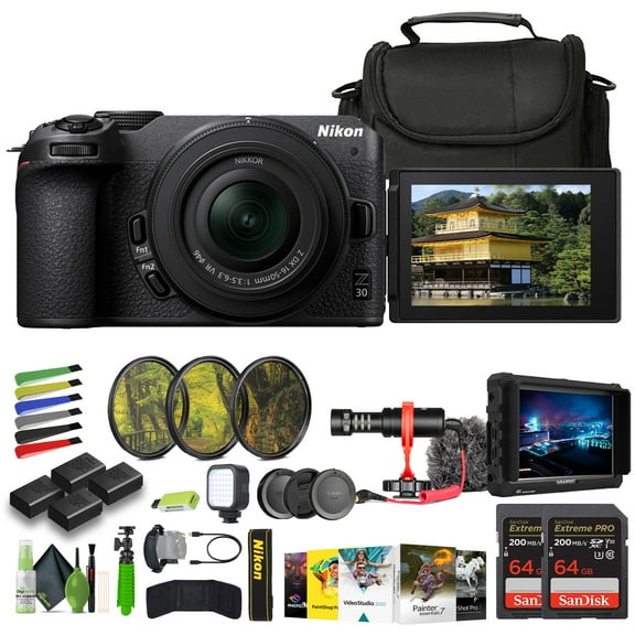 Nikon Z30 Mirrorless Camera 20.9MP with 16-50mm Lens 4K Video Bundle Triple Battery Dual Card Mic Monitor (International Model)
