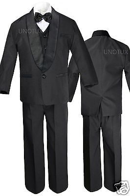 Baby Toddler Boys Black Satin Lapel Suit Tuxedo EXTRA colored Bow Tie Vest Set 