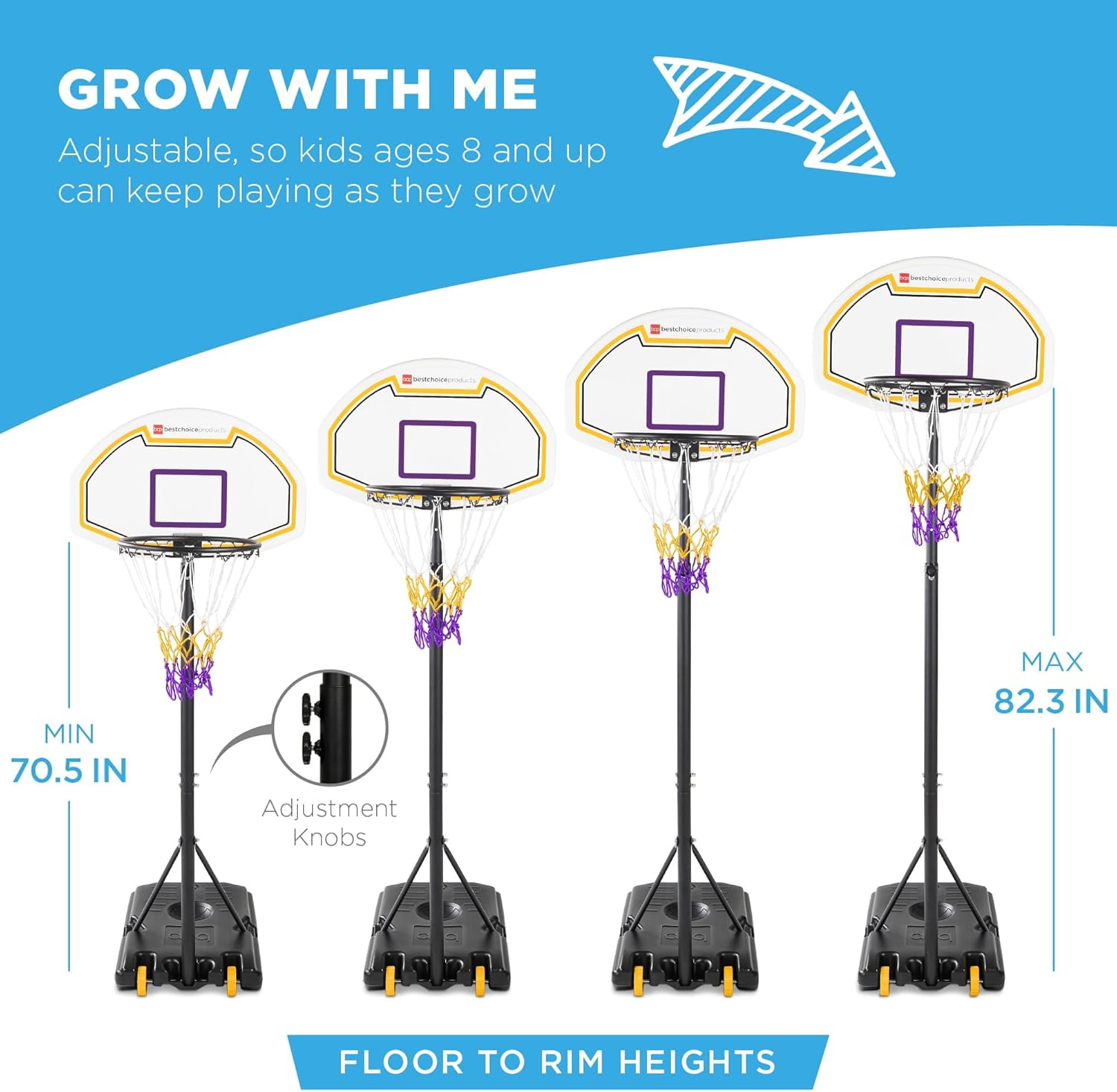CHTER Kids Height-Adjustable Basketball Hoop, Portable Backboard Set w/ 2 Wheels, Fillable Base, 70.5in to 82.3in Tall