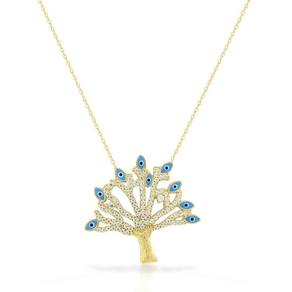925 Sterling Silver Yellow Gold-Tone CZ Tree of Life Evil Eye Large Statement Pendant Necklace