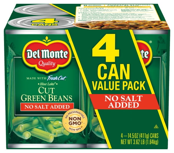 (4 Cans) Del Monte Green Beans No Salt Added, 14.5 oz Can