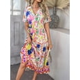 thumbnail image 3 of Women's Bohemian-style mid-length floral dress, V-neck short-sleeved summer casual button-neck flowing dress, 2025 beach holiday outfit., 3 of 6