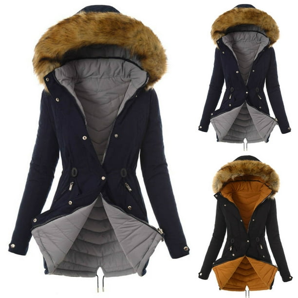 hoksml Womens Ladies Warm Jacket Winter Solid Turn Coat Hooded