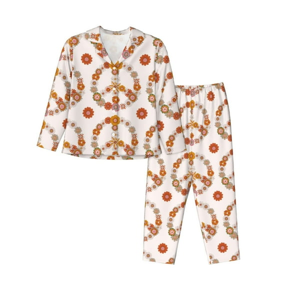Pajamas for Women Set - Retro Flowers Peace Sign Comfy Long Sleeve Button Up Pajama Sets for Women 2 Piece, Soft Sleepwear Nightwear Pjs Lounge Sets for Women with Pockets