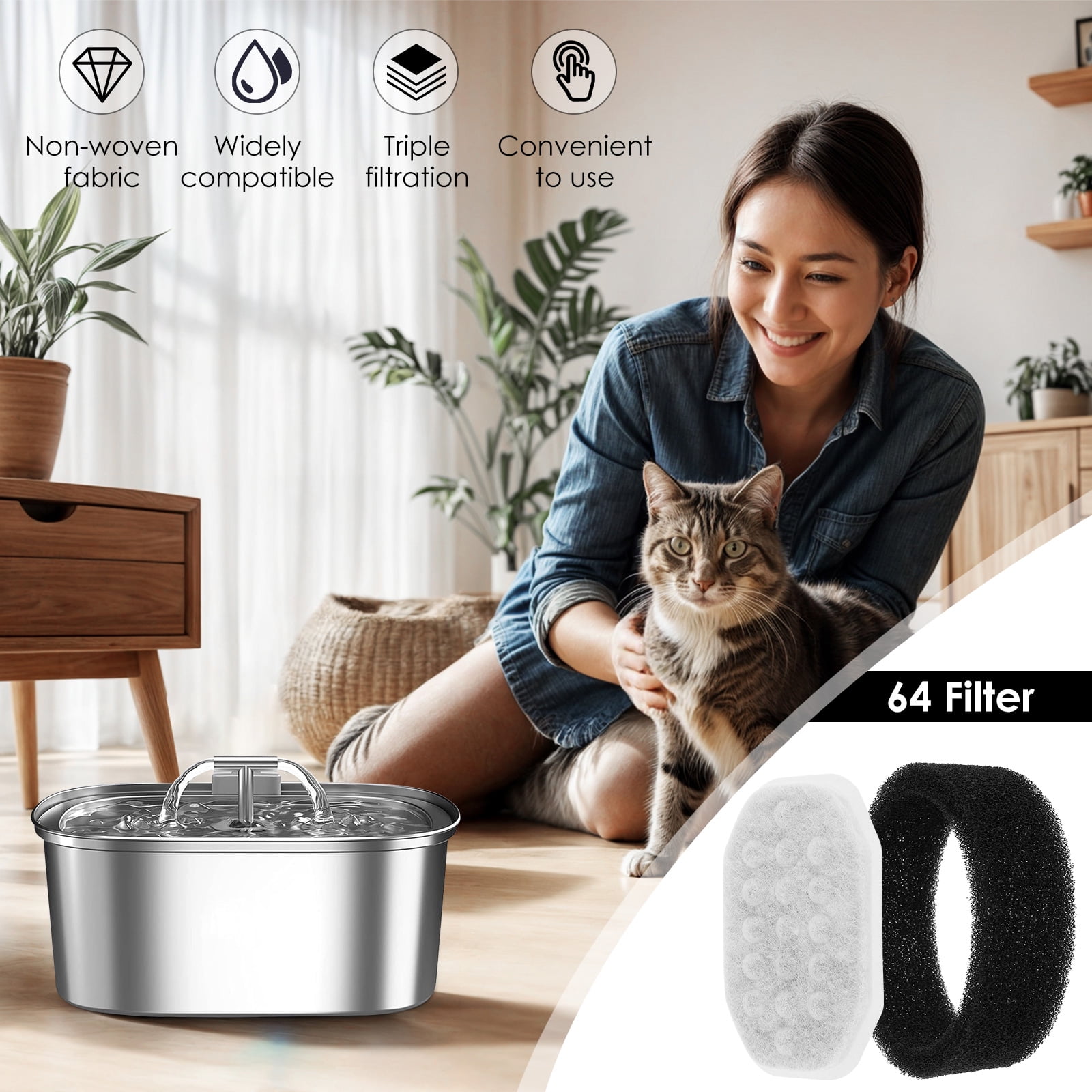 Ikoopy 64 Pack Cat Fountain Replacement Filter for Stainless Steel 108oz/3.2L Adjustable Water Flow Pet Water Fountain (32 Filter and 32 Sponge)