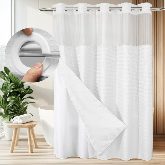 Zrodlmo No Hook Fabric Shower Curtain with Snap-in Liner, Waffle Waterproof and Mildew Resistant Bathroom Curtain, 72"x 74", White
