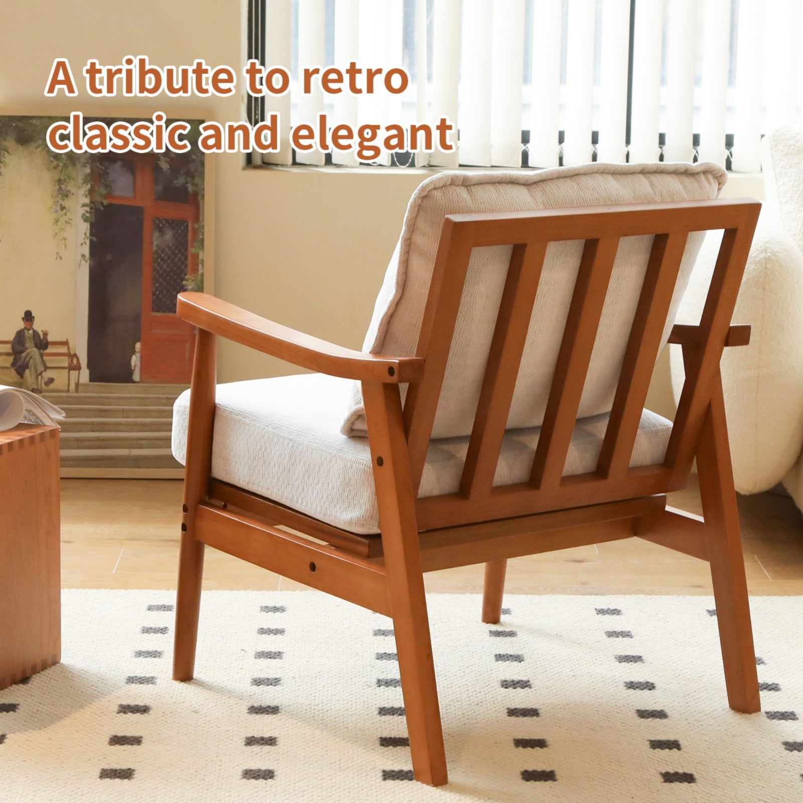 Cute Accent Chair Solid Wood Frame Living Room Chair with Soft Fabric Cushion Comfy Armchair Reading Chair for Bedroom Apartment Balcony Waiting Room, White