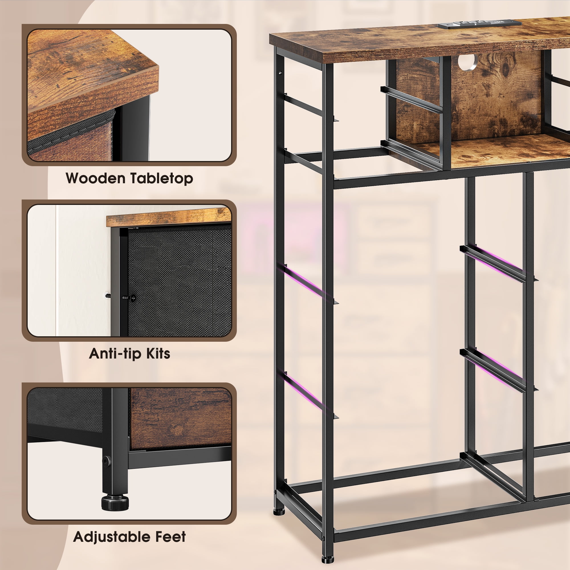 Romorgniz Tall Dresser for Bedroom with 10 Drawers Featuring LED Lights & Power Outlet Fabric Dressers & Chest of Drawers with Open Shelves, Rustic Brown