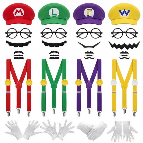 GOBWCOT 4Pcs Super Bros Costume Accessories Set with Glasses, Hats, Mustaches, Suspenders, Gloves, Buttons for Halloween, Cosplay, Christmas, Birthday & Theme Parties