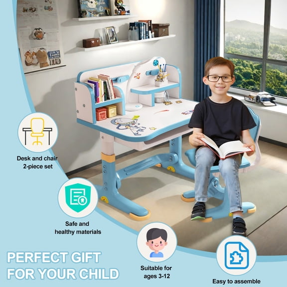 Thehsnt Grow-with-Me Kids Desk and Chair Set, Height Adjustable with Drawer for Ages 3-16