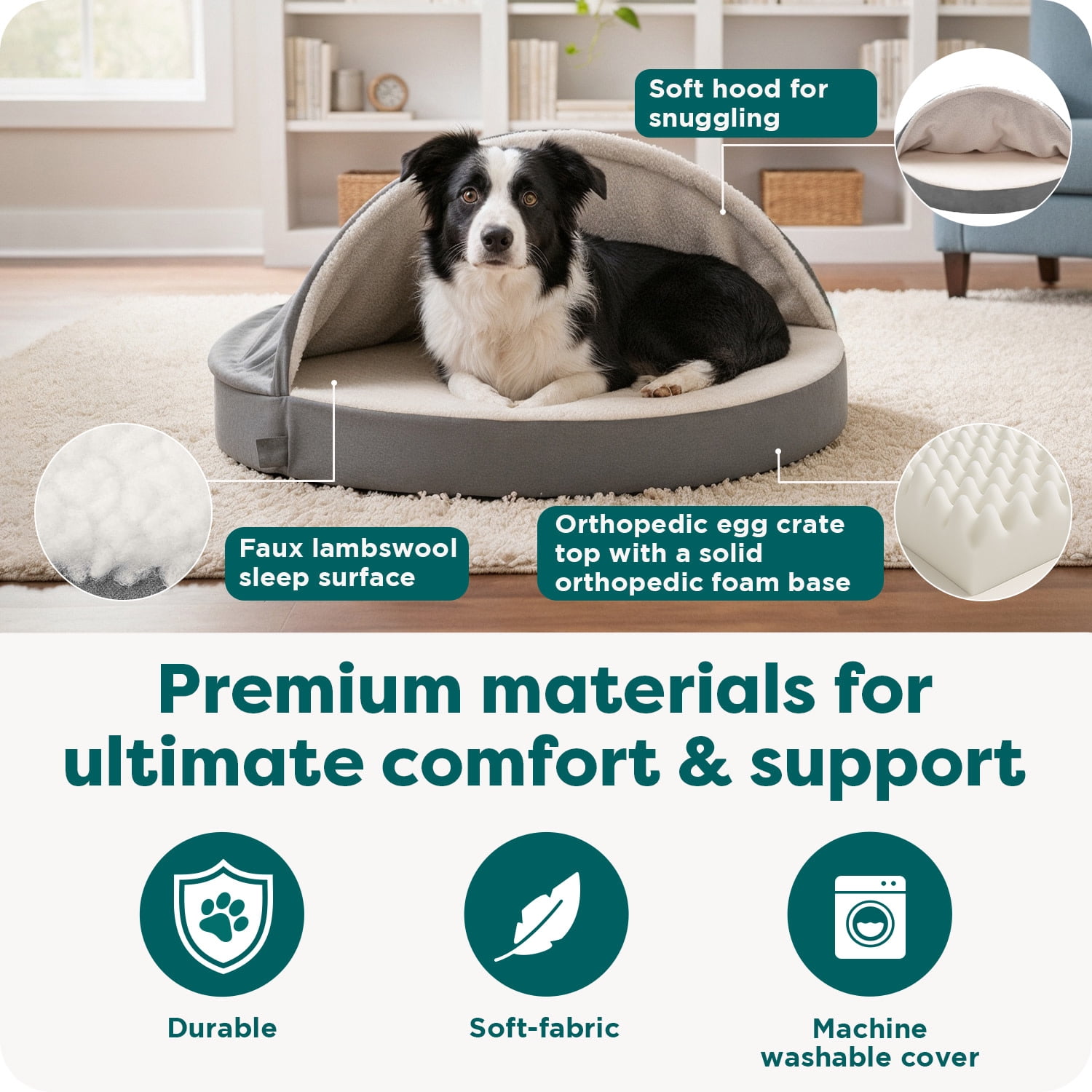 FurHaven Pet Products Faux Sheepskin Orthopedic Snuggery Burrow Pet Bed for Dogs & Cats - Gray, 26" Base