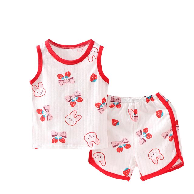 QTOCIO Tenues pour Bébé Fille, Vêtements d'Été pour Bébé Fille, Ensemble Sans Manches à Col Rond, Tenue de Maison Deux Pièces, Imprimé Mignon + Shorts, Ensemble Décontracté Deux Pièces Blanc