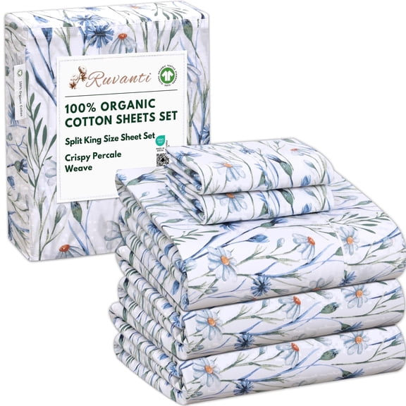 RUVANTI 100% Organic Cotton Sheets -Split King Sheet - 5 Piece Percale Weave Bedding, Crisp, Cooling & Breathable, Soft & Durable, 15" Deep Pocket, Hotel Quality Sábanas - Daisy Bud