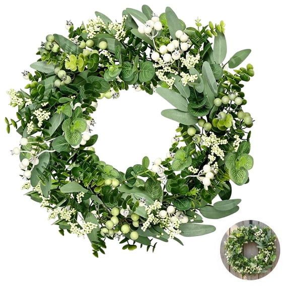 Spring Door Wreath, 18.1 Inch Artificial Eucalyptus Wreath for Front Door with White Berries and Flowers, Faux Greenery Ornament for Indoor Outdoor Wall Fireplace Window Farmhouse All Season Decor