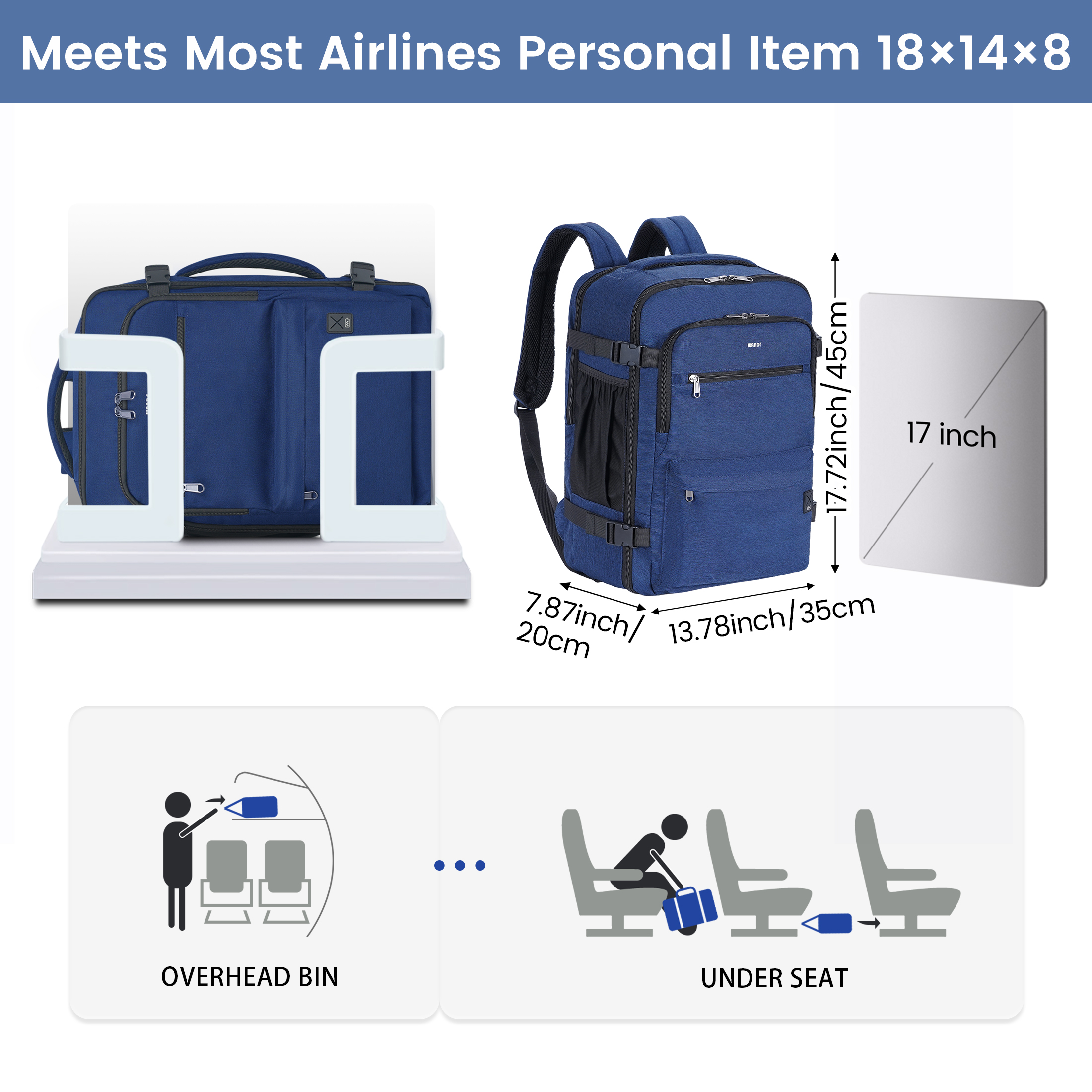 Business Travel Backpack Fits 17 Inch Laptop for Personal Item Bag 18x14x8 Clamshell Opening Carry on Laptop Backpack for Men with Wet Pocket, Blue
