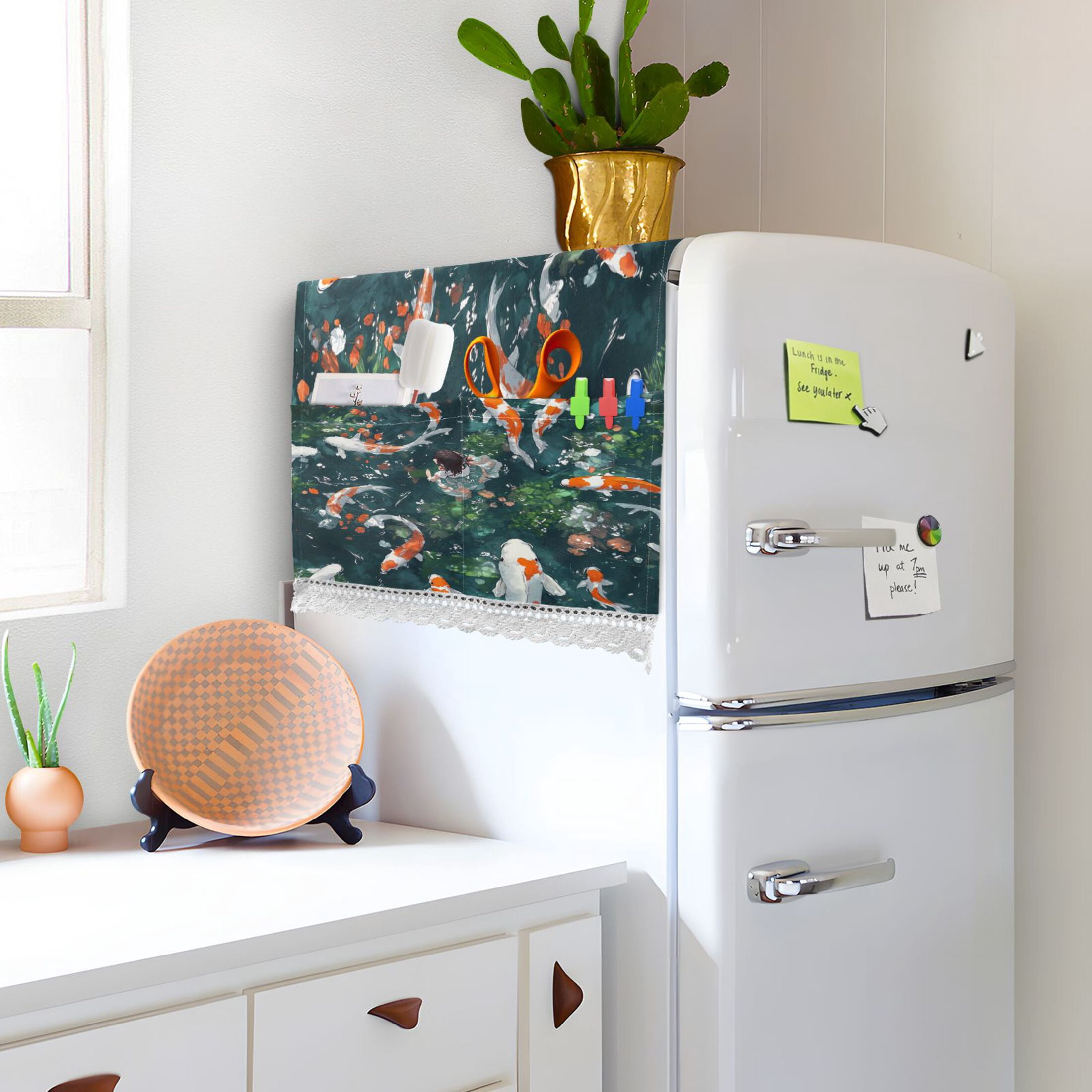 Goldfish GirlWasher and Dryer Covers Dust-Proof and Oil Resistant Fridge Cover with 4 Storage Pockets Washing Machine Top Cover for Laundry Kitchen Home 51.2 x 22 In
