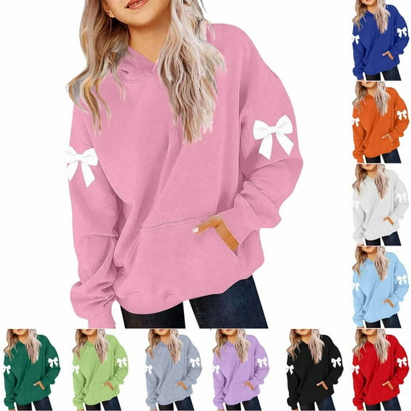Hinvhai Girls Oversized Hoodie Shirts Cute Casual Long Sleeve Bow Hooded Sweatshirt Pullover Tops Loose White 160(160)