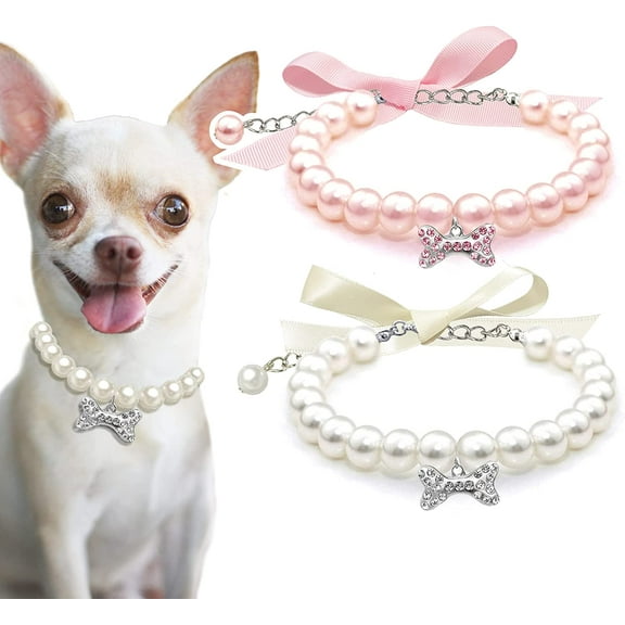 ZDWQFA 2Pcs Dog Cat Pearl Collar Necklace with Rhinestone Bone, Fancy Cat Wedding Collar Jewelry for Girl Cat Puppy Dogs Accessories (White Pink)