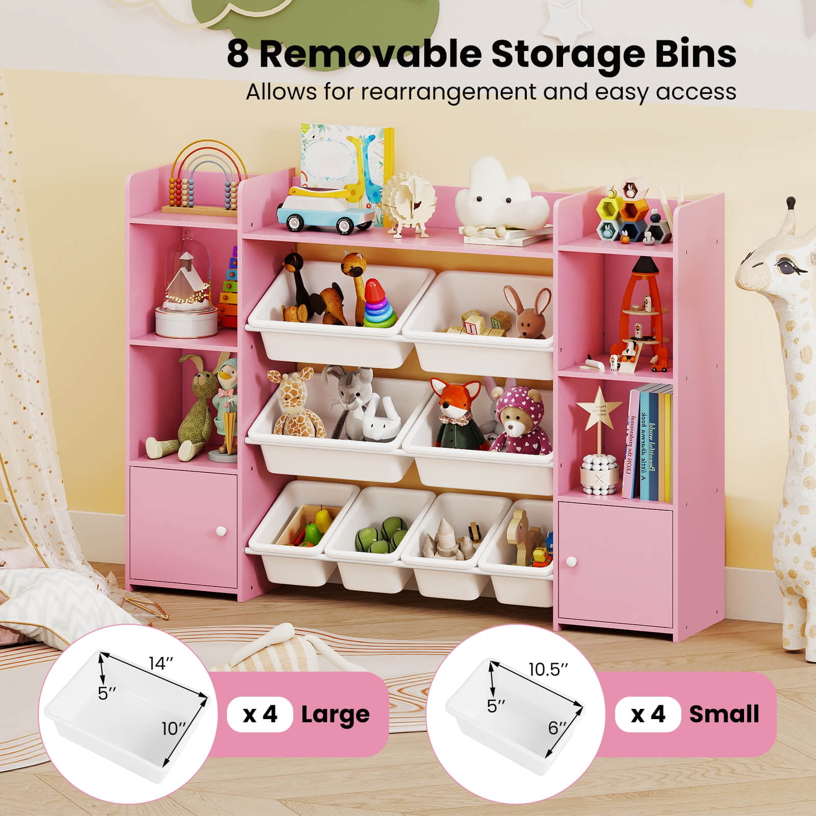 Costway 4-Tier Large Storage Cabinet with 6 Cubbies & 8 Removable Bins Bookshelf Pink