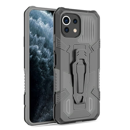 Shoppingbox Phone Case for Xiaomi Mi 11 Lite, Armor Case Shock Absorbing Built-in Kickstand, Belt Clip Holster Cover - Gray