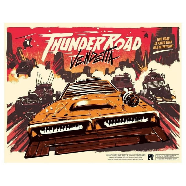 juegos de estrategia y carreras | juegos de restauración | thunder road vendetta Thunder Road: Vendetta caja con ilustración estilo cómic de un coche naranja armado en primer plano y varios vehículos blindados persiguiéndolo sobre una carretera, gran logotipo "ThunderRoad Vendetta" y marca Restoration Games.