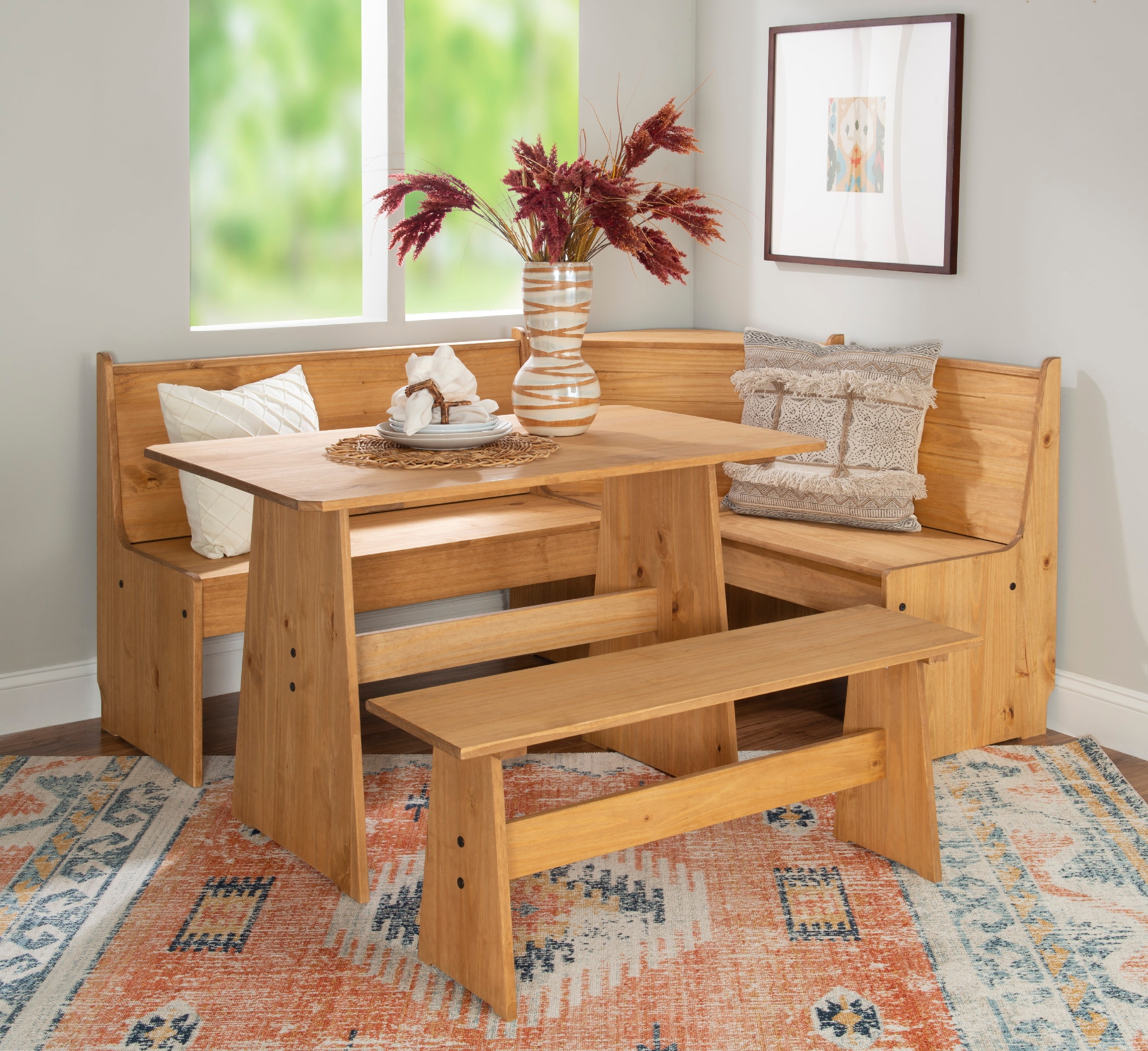 Rustic pc Natural Wooden Breakfast Nook Dining Set Corner Booth