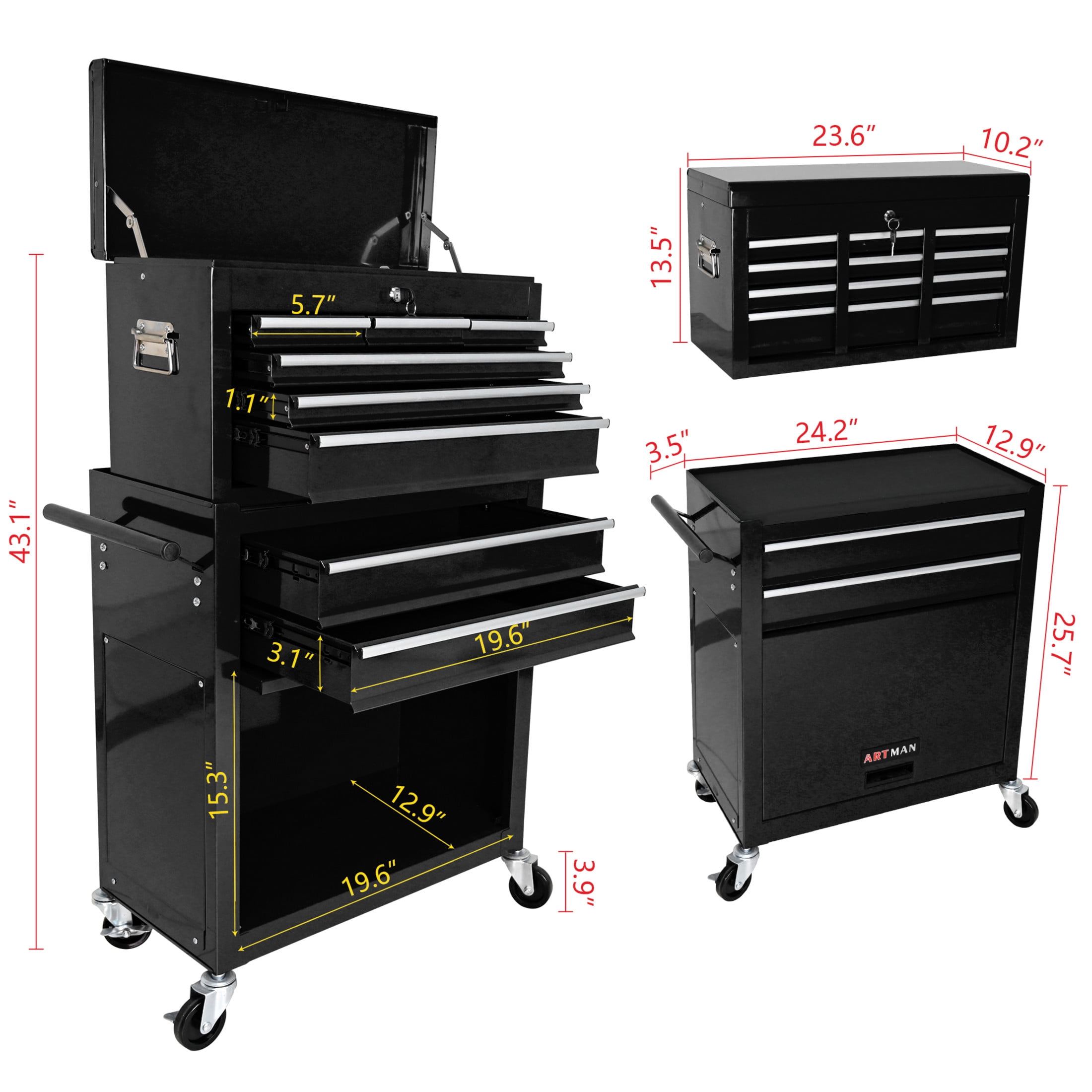 Noble House Heavy-Duty Rolling Tool Chest, 8-Drawer Steel Storage Box Organizer with Detachable Box, Black