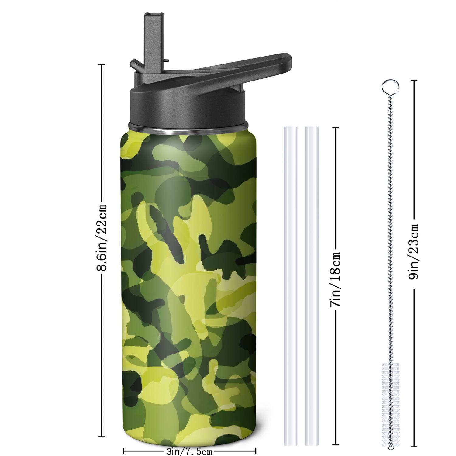Camouflage Insulated Stainless Steel Water Bottle with Straw & Cleaning Brush – 18/32/40 Oz | Leakproof, BPA-Free, 304 Stainless Steel, Wide Mouth, Travel Mug for Car, Gym, Office