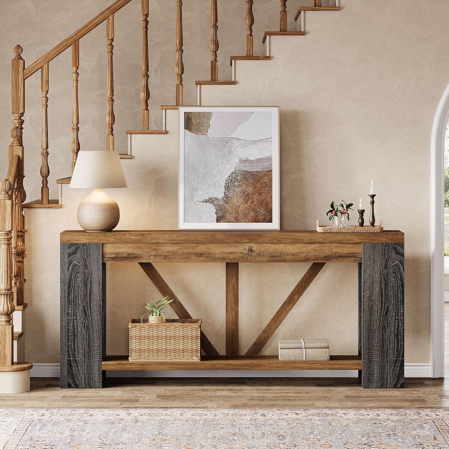 Finmind 70.9-Inch Extra Long Console Table with Storage for Entryway, Hallway, Foyer, Living Room, Brown