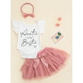 thumbnail image 3 of Faithtur Baby Girls Summer Jumpsuit Set Letter Print Ruffled Short Sleeves Rompers and Mesh Skirt with Headband, 3 of 8
