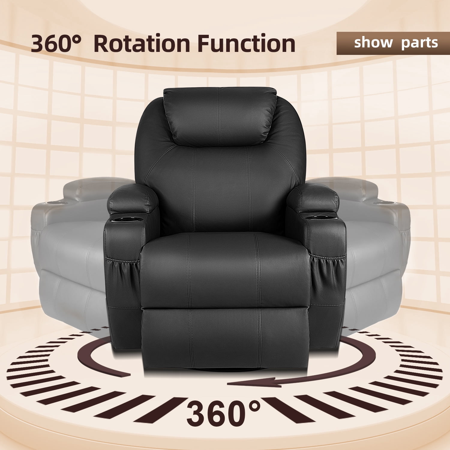 Vineego 360° Swivel PU Leather Chair with Massage Function Adjustable Home Theater Single Recliner,Black