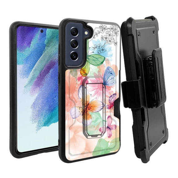 ANJ  Rugged Dual Layer Hybrid Holster Kickstand Case w/ Card Slot   Tempered Glass Cover for Samsung Galaxy S21 FE 5G - Colorful Butterfly
