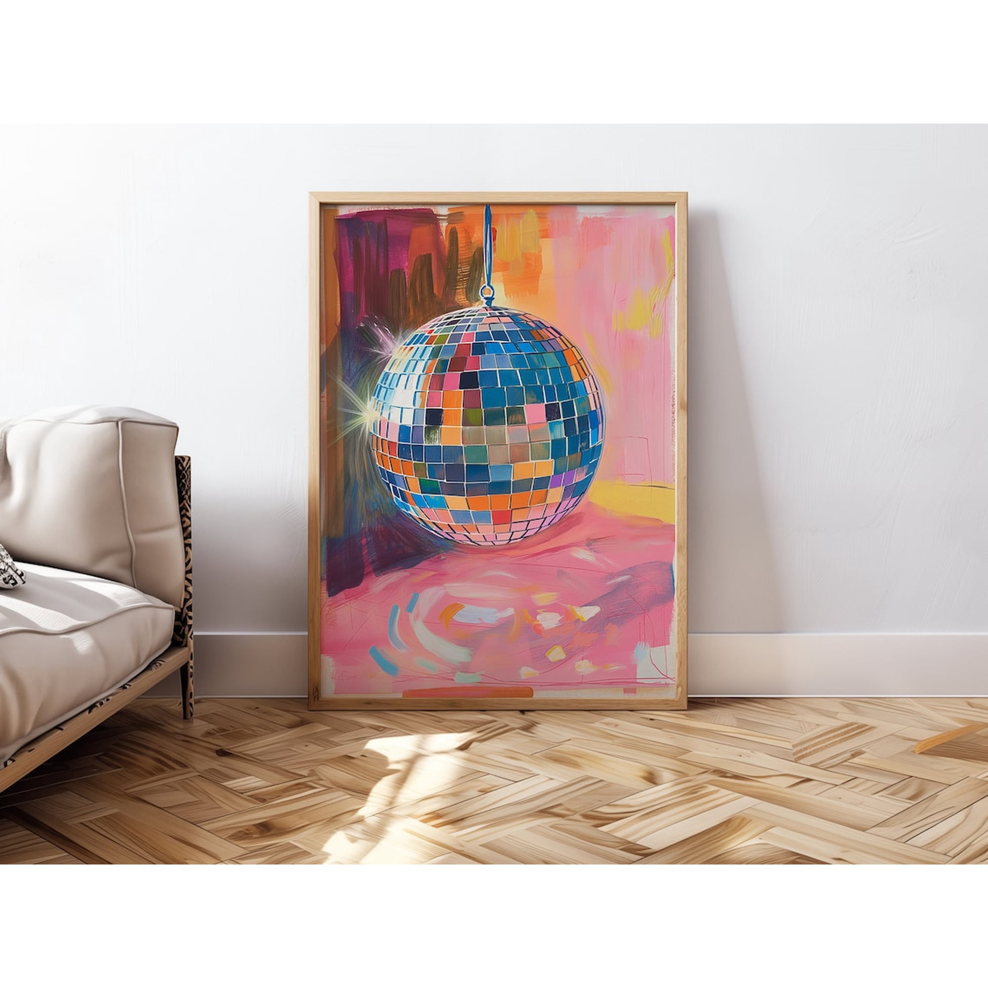 Pink Disco Ball Hand Drawn Wall Art Print Playful Girly Decor Unframed Paper Print