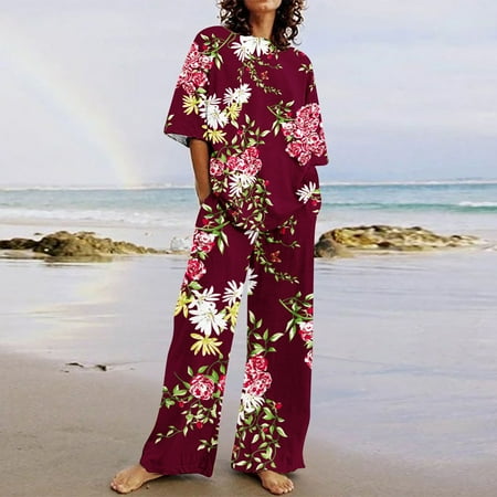 

Wyongtao Wide Leg Pants Sets Women 2 Piece Outfits Summer Printed Crew Neck Short Sleeve Tops and Long Pants Lounge Pajama Sets with Pockets