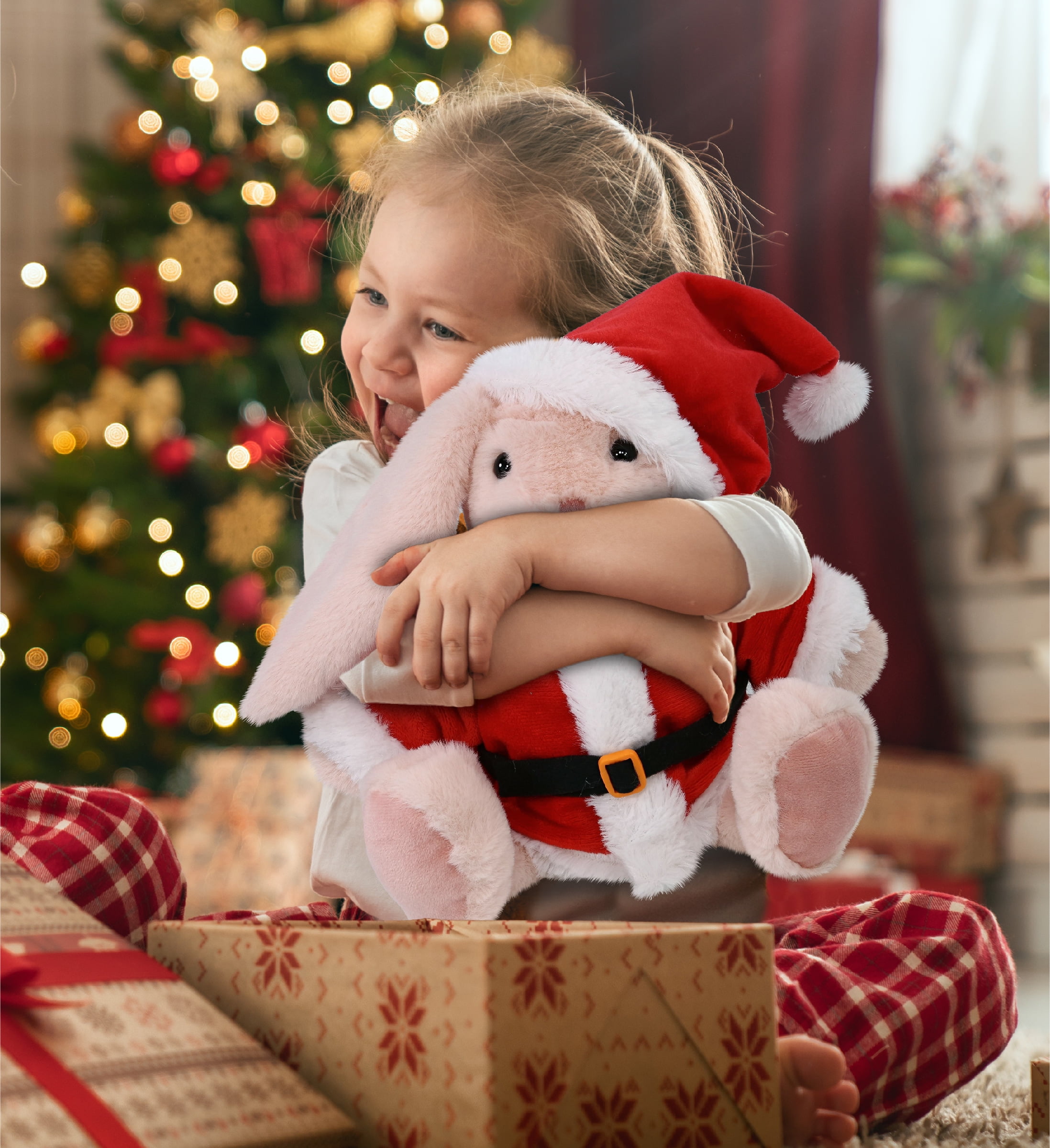 DolliBu Santa Baby Pink Rabbit Stuffed Animal Plush Toy - Super Soft Dress Up with Red Santa Claus Outfit, Cute Farm Life Rabbit Gift Perfect Holiday Christmas Gift - 8 Inches