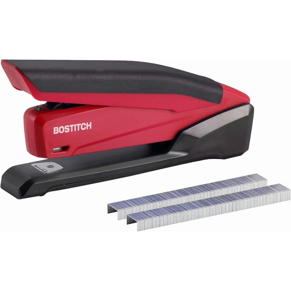 Bostitch Office Executive 3 in 1 Stapler, Includes 210 Staples and Integrated Staple Remover, One Finger Stapling, No Effort, 20 Sheet Capacity, Spring Powered Stapler, Red