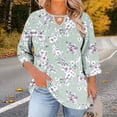 thumbnail image 2 of MaFYtyTPR Women's Retro Printed Shirts Plus Size Casual Linen Ruffled Crewneck Top Three-Quarter Sleeve Oversize T-Shirt With Front Cutout A-Light Blue XXXXXL, 2 of 5