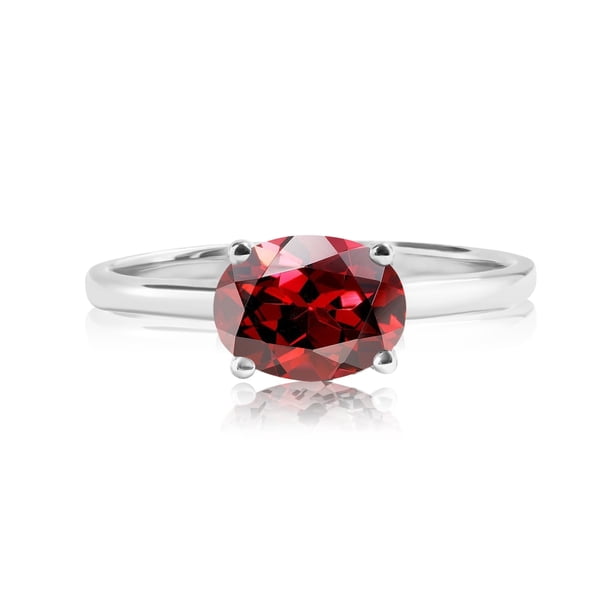 JeenMata Anillo de Compromiso Solitario con Granate Rojo de Corte Ovalado de 1,25 Quilates (Piedra Natal de Enero) en Oro Blanco de 18 K sobre Plata