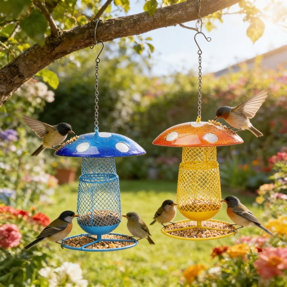 2Pcs Cute Mushroom Shape Bird Feeder, Heavy Duty Metal Bird Feeders for Outdoor Hanging, Large Capacity Wild Birdfeeder for Outside Garden Yard (Blue & Yellow)