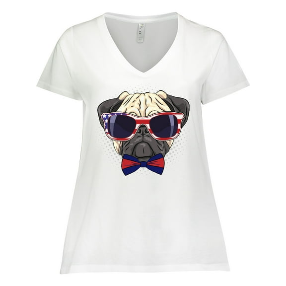 Inktastic Pug Dog July 4th Patriotic Sunglasses Women's Plus Size V-Neck T-Shirt